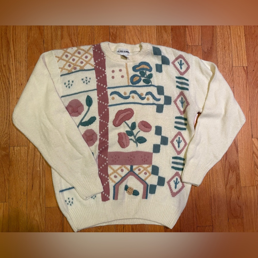 Vintage Flower Sweater Womens Medium Cream Chunky Knit 90s Alfred Dunner